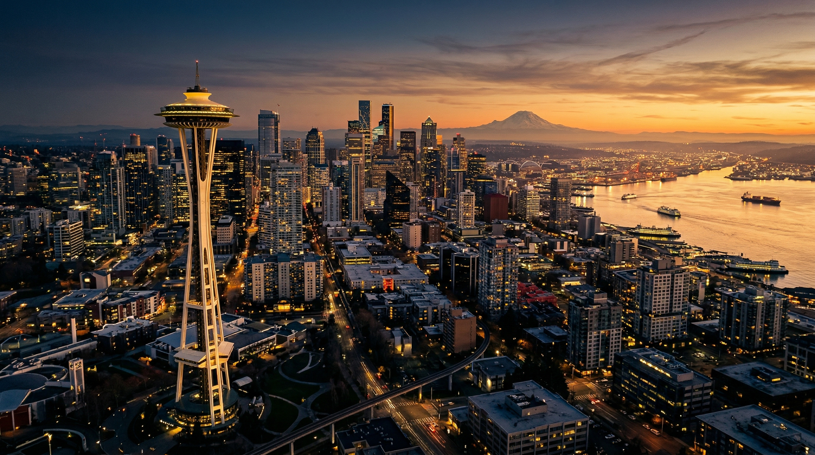 City skyline at golden hour with downtown skyscrapers illuminated by warm evening light